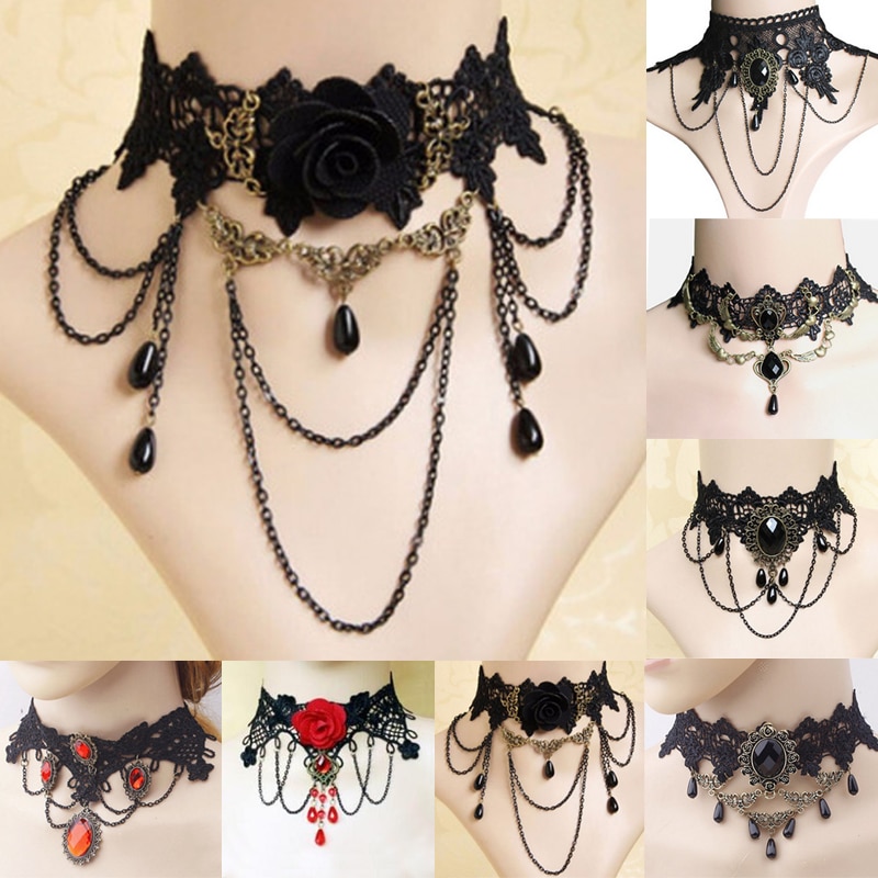 Mode Kwastje Punk Stijl Gothic Choker Ketting Rood Strass Bedels Vampire Maxi Ketting Vintage Tattoo Kant Hanger Bruiloft