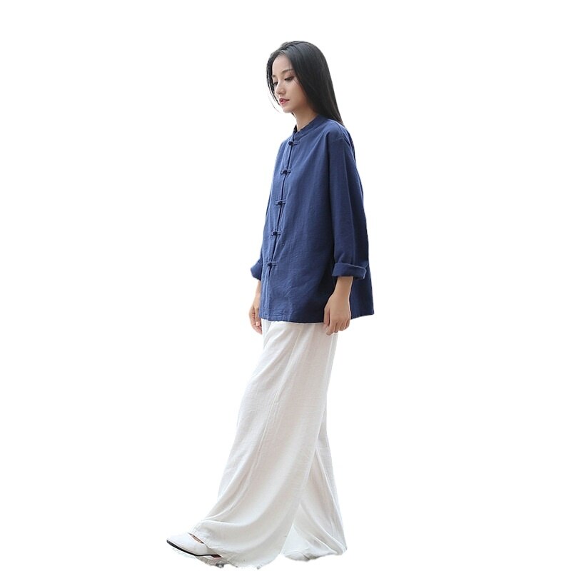 Vrouwen Lange Mouw Herfst Chinese Stijl Overhemd Blouse Katoen Linnen Vintage Shirt Qigong Tai Chi Kleding V1997