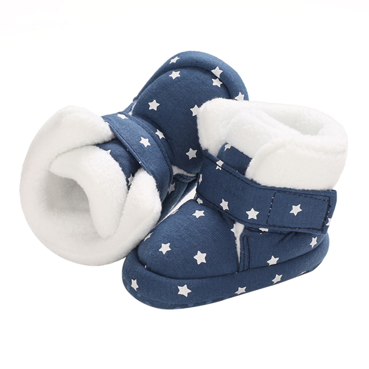 Botas cómodas de bebé de con estampado de estrellas, zapatos de niño para cuna, zapatos de niño para sus primeros pasos con fondos antideslizantes, botines de algodón de felpa de invierno para recién nacidos: Azul / 12