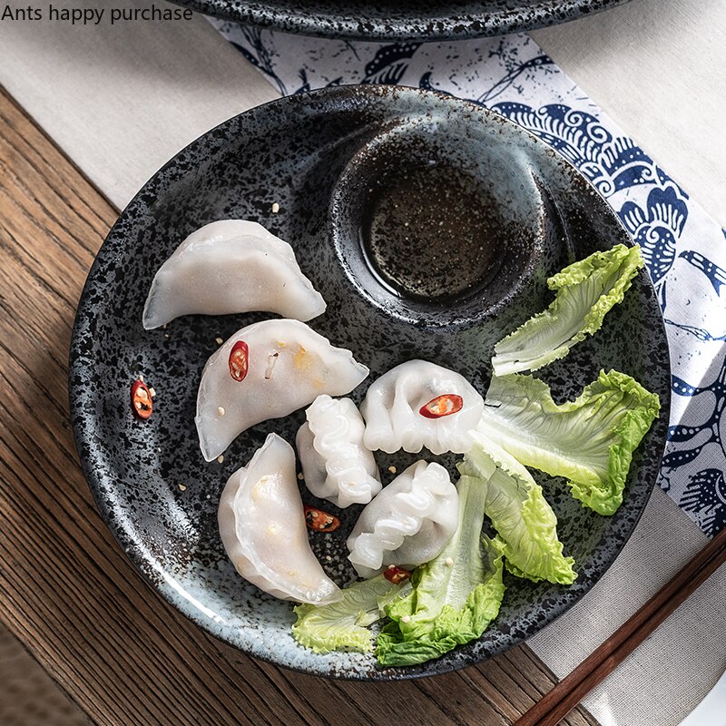 Plato para dumplings casero de cerámica de estilo japonés con compartimento para salsa, vajilla de restaurante de Hotel con vinagre, plato de Sushi
