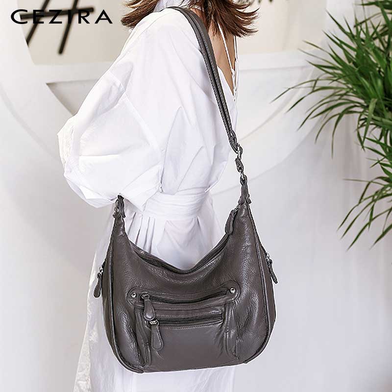 Cezira casual couro do plutônio hobos para as mulheres lavadas couro vegan funcional crossbody bolsas femininas sacos de ombro diário