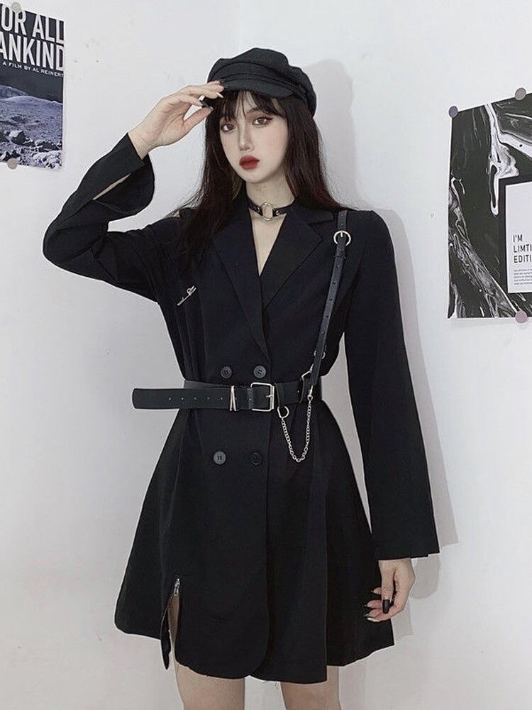 Vestido de chaqueta negra para mujer, traje coreano Harajuku Vintage, Blazer, vestidos de verano para mujer, ropa de oficina, Cosplay gótico, 2022