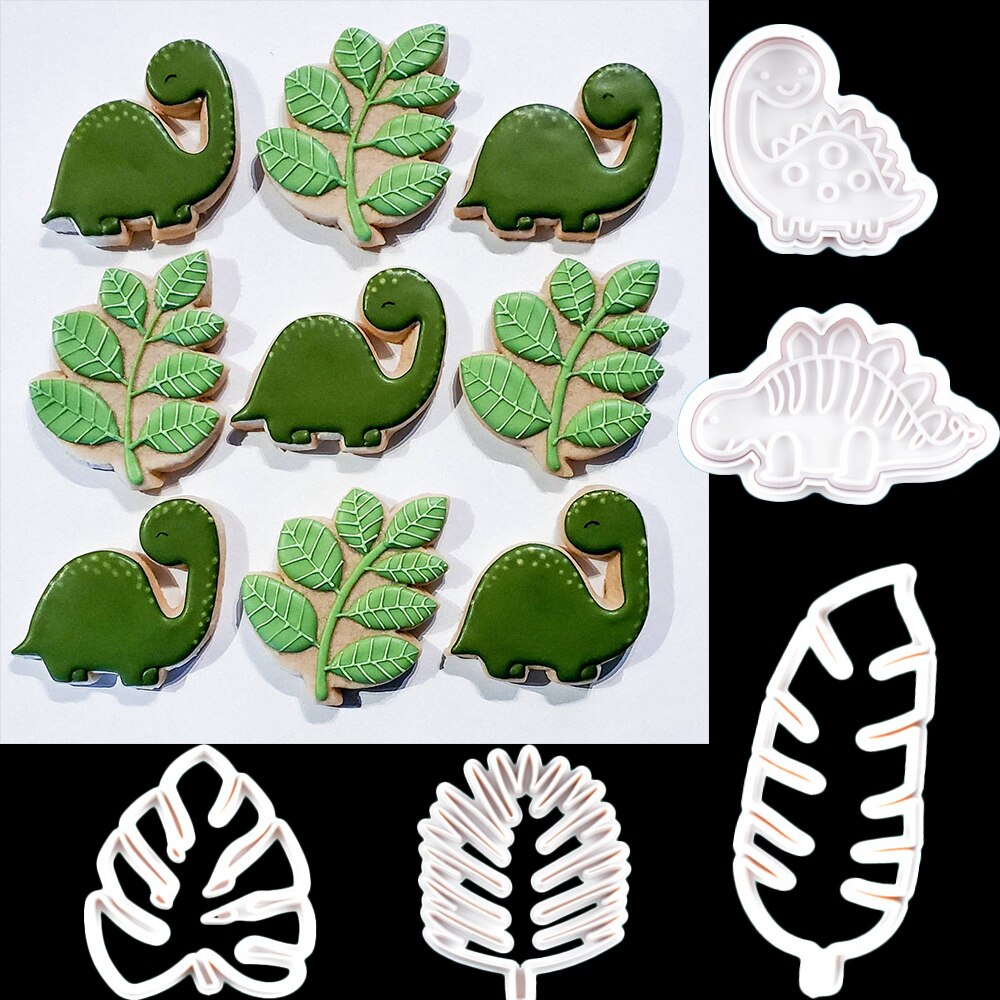1Set Dier Bladeren Cookie Mold Dinosaurus Biscuit Cutter Food Grade Plastic Diy Bakken Tools Voor Jungle Verjaardag Cupcake Benodigdheden