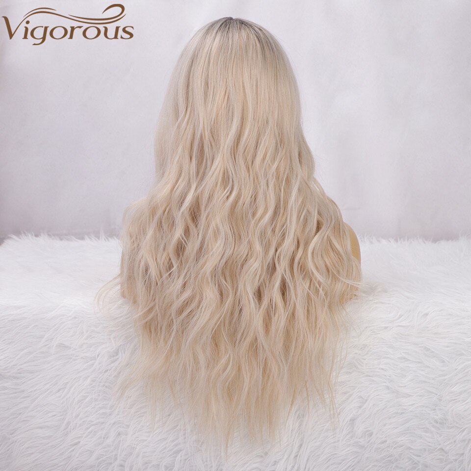 Krachtige Lange Golvende Pruiken Ombre Platina Blon Natuurlijke Haar Deel Synthetische Pruiken Voor Vrouwen Lijmloze Cosplay Hittebestendige Party Pruik