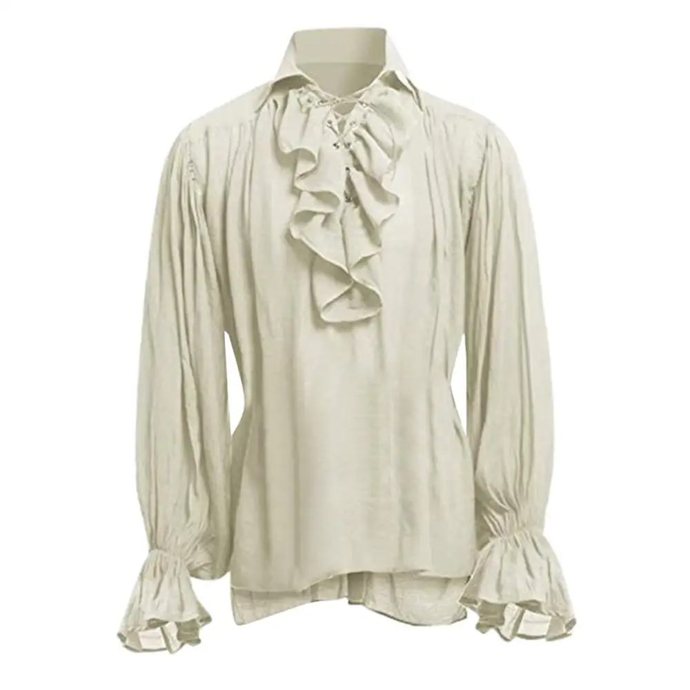 Chemises médiévales à volants gothique Steampunk victorien Pirate Cosplay Costume hommes hauts pantalons à lacets chemise Larp Vintage: XXXL / Beige