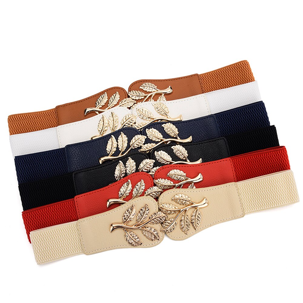 Funda de cintura para mujer, cierre de cintura elástico de hoja dorada a la con hebilla de doble gancho, cinturón ancho combinado con falda, cinturón para mujer