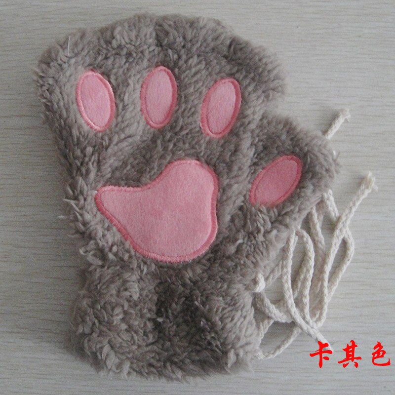 Gants de dessin animé chat fille, mitaine épaisse peluche ours patte demi-doigt G22: Khaki