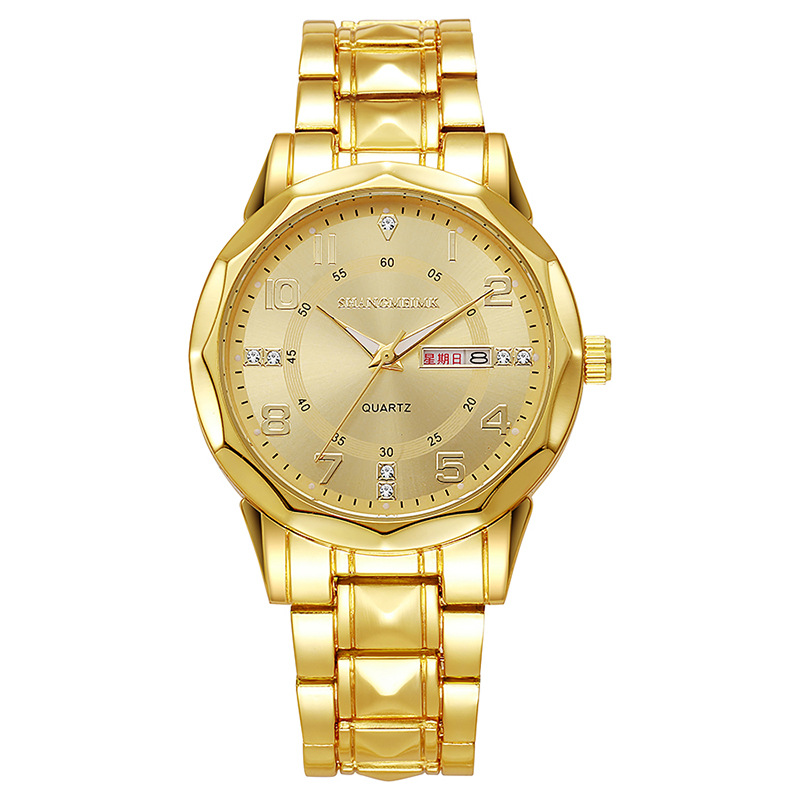 Bekend merk herenhorloges, roestvrijstalen band, grote wijzerplaat, quartz herenhorloge, hoogwaardig polshorloge met weekkalender: Goud