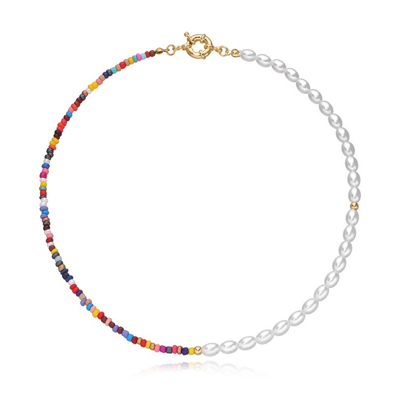 Böhmen Bunte Reis Perlen Halskette Nachahmung Perle Halsband Handgemachte Kette Für Frauen Party Strand Schmuck Accesorios