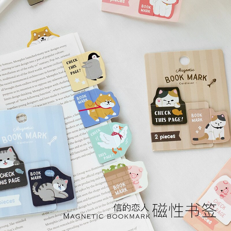 Marcapáginas magnético Kawaii Shiba gato animales, soporte para libros, , suministros escolares, para nevera pegatina, 2 unids/set por juego