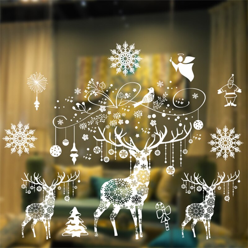 Kerst Glas Stickers Wit Rendier Sneeuwvlok Sneeuwpop Raamstickers Vrolijk Kerstfeest Brief Glas Decor Diy Verwijderbare Stickers