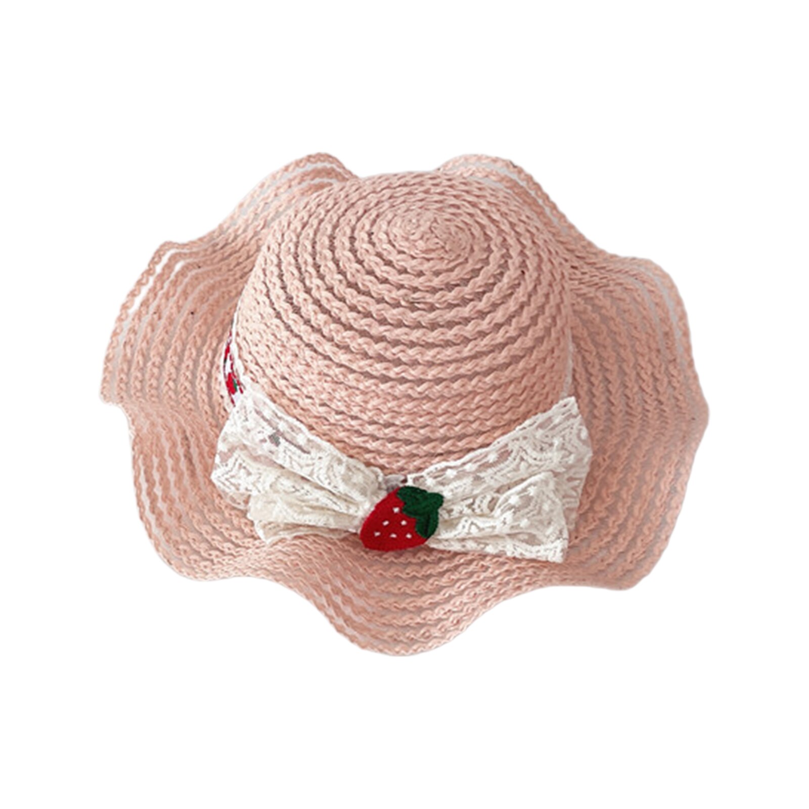 Kids Girls Boater Straw Hat Outdoor Wide Brim Seaside Summer Beach Flat Top Sun Caps Strawberry Bowknot Panama Straw Cap