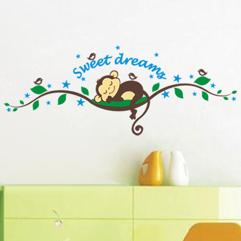 Zoete droom cartoon aap slaapt muursticker voor kids babykamer home decor slaapkamer decals muurschildering decoraties dier stickers