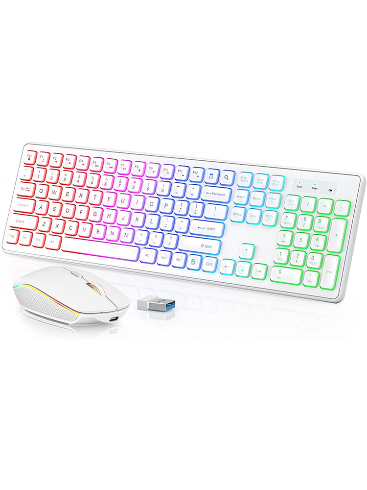 Backlit Wireless Keyboard and Mouse,Quiet Light Up Keys, Tilt Legs, Rechargeable USB Cordless Combo for Computer, PC, Laptop: WHITE