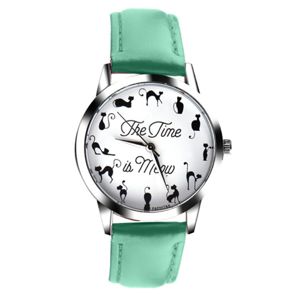 Kvinder ure kat piger ure dame ur læder armbånd ur dame dyremønster quartz håndled vandtæt: Grøn
