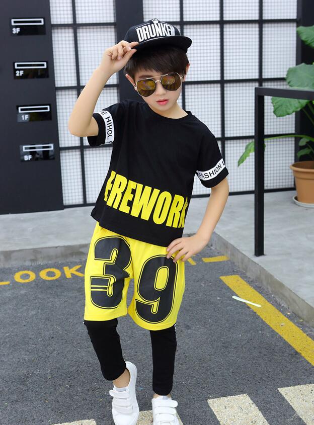 Jungen Mädchen verlieren Baumwolle Ballsaal Moderne Jazz Hüfte hüpfen tanzen Wettbewerb Kostüm freundlicher Tanzen Kleidung T-Shirt Spitzen Hosen: 3 Stücke / 140