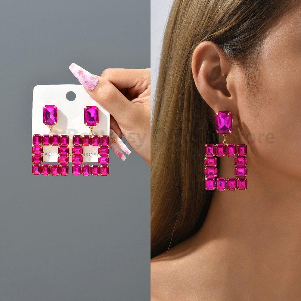 Pendientes colgantes de gota llamativos de diamantes de imitación de color rosa intenso para mujer, colgantes grandes geométricos de de lujo, de joyería para y boda