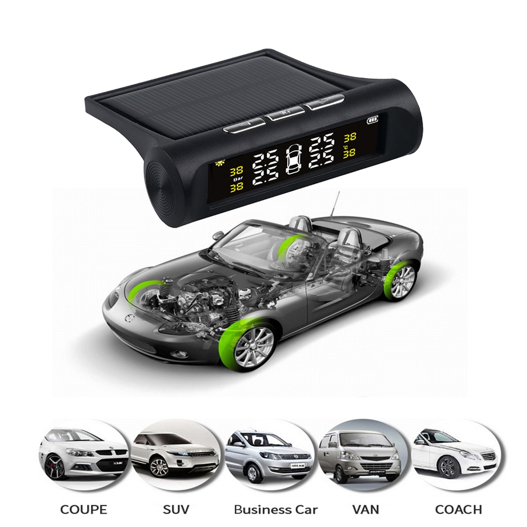 Kebidumei smart car tpms lcd display alarm dæktryk monitor soloplader med 4 ekstern sensor auto sikkerhedssystem