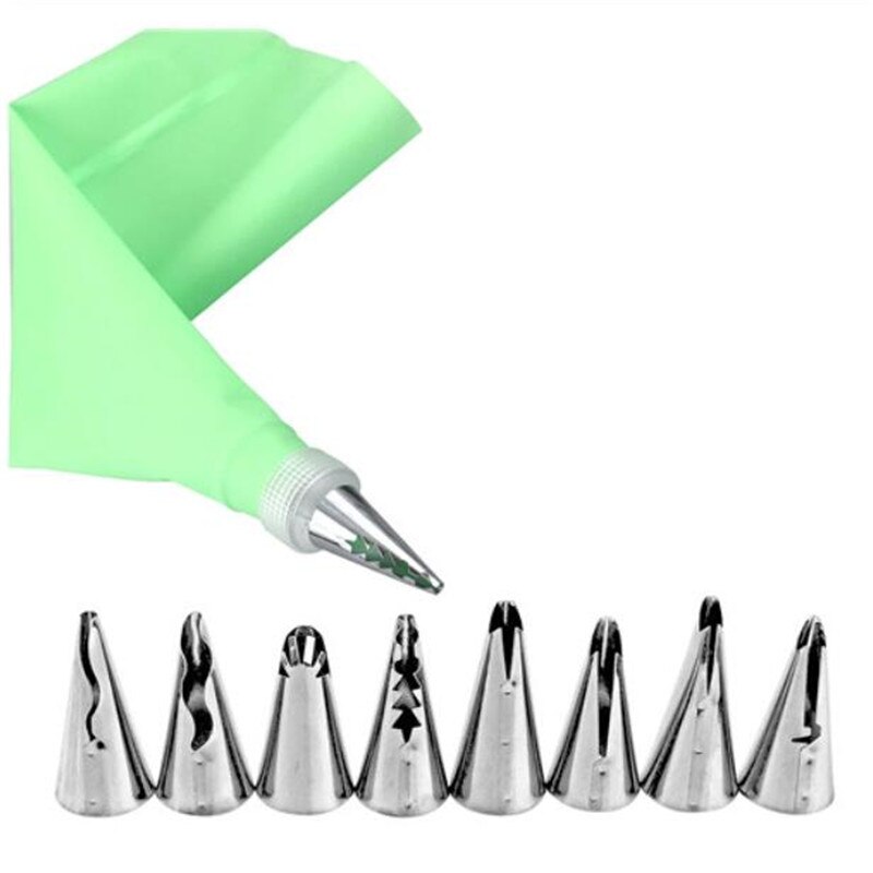 10 Stks/set Wedding Cake Decorating Icing Rvs Russische Nozzles Rok Taart Nozzles Piping Tips Gebak Siliconen Cake Zakken: Army Green