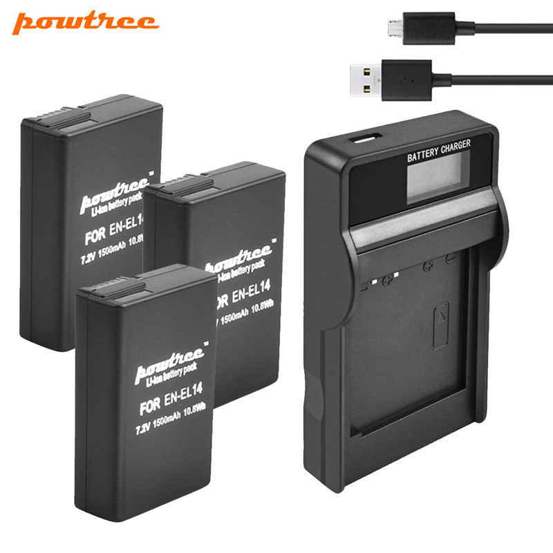 Powtree 1500 Mah En-EL14 EN-EL14a ENEL14 EN-EL14 Batterij + Lcd Oplader Voor Nikon P7800,P7700, p7100, P7000,D5500,D5300,D5200,D3200: 3XBattery LCDCharger