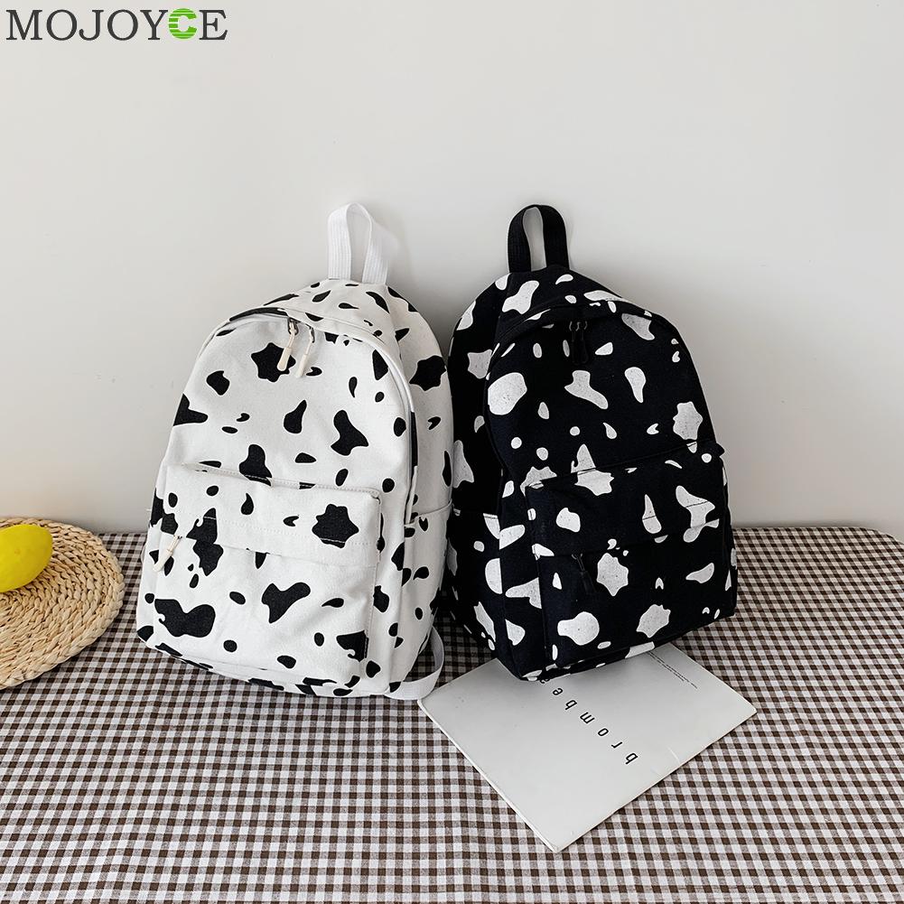 Women Canvas Backpack Cow Milk Print Students Girls Daily Shoulder School Bag Outdoor Shopping Accessaries Supplies