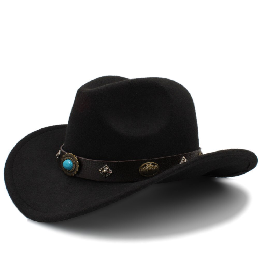 100% lana Sombrero de Cowboy del oeste para hombres Otoño Invierno Jazz ecuestre Sombrero Hombre Steampunk Sombrero tamaño de tapa 56-58cme: Black