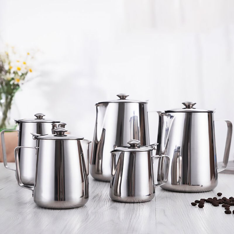 Tetera de leche de acero inoxidable, cafetera con tapa, perfecta para máquina de espresso, espuma y latte art