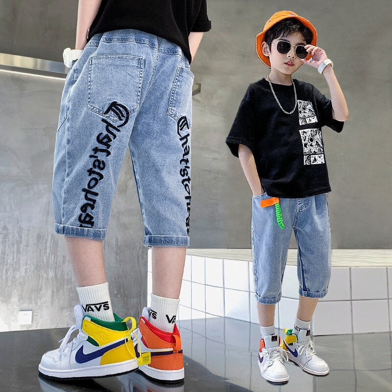 Sommer Kurze Jeans Jungen Jeans Kinder Denim Kurzen Hosen Casual Brief Drucken Teenager Dünne Hosen Jungen Hosen Für 4 zu 14 Y