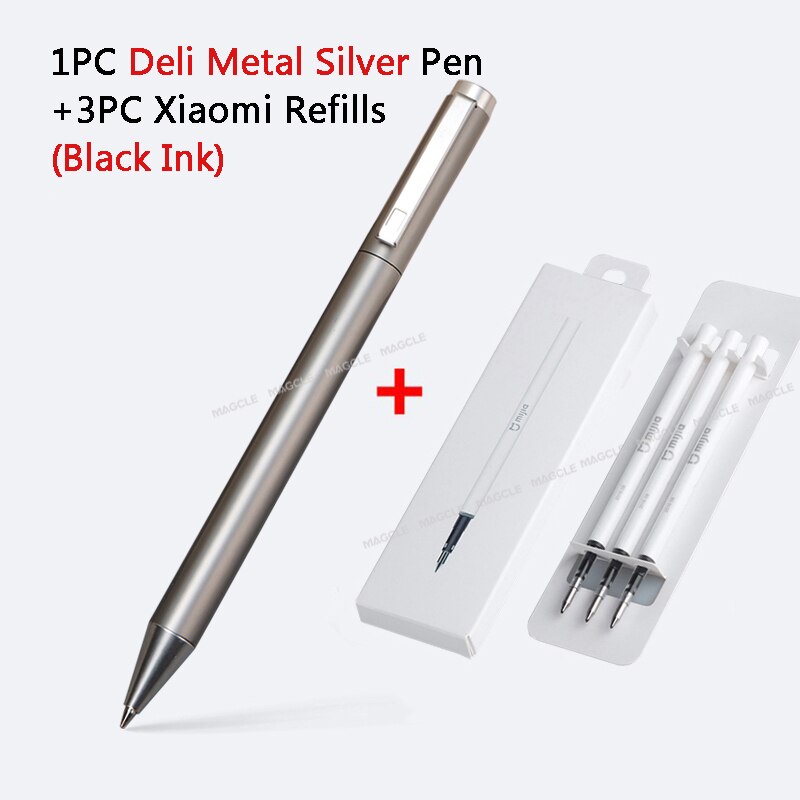 Xiaomi deli metal skilt pen kuglepen signering pen 0.5mm gel premec glat switzerland refill sort blæk kontor skole skrivepen: 1 sølv 3 sort blæk