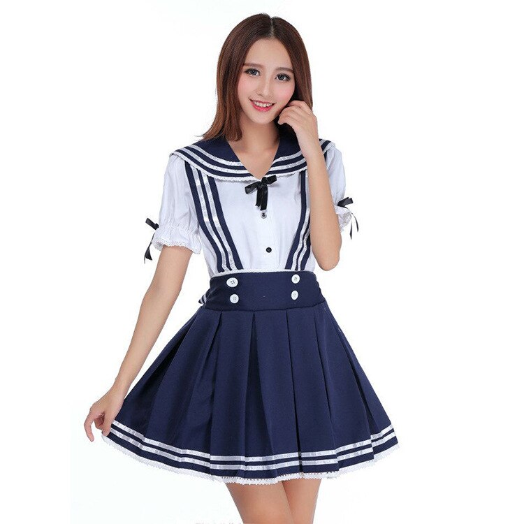 Japanse matrozenpak studenten vrouwen schooluniform meisjes kostuum costmer matrozenpak zomer marineblauw shirt + rok: Xl