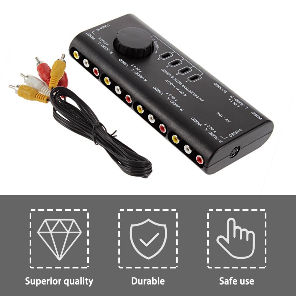 Out AV RCA Switch Box AV Audio Video Signal Switcher Splitter 4 Way Selector 4 in 1 Bundle 1 AUX Polybag Coaxial Cables ONLENY