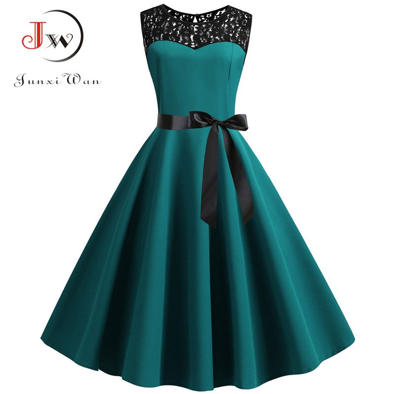 Party Dress Women Summer Lace Vintage Vestidos 50s 60s Rockabilly Swing Dress Casual Midi Dresses: S / SKY BLUE