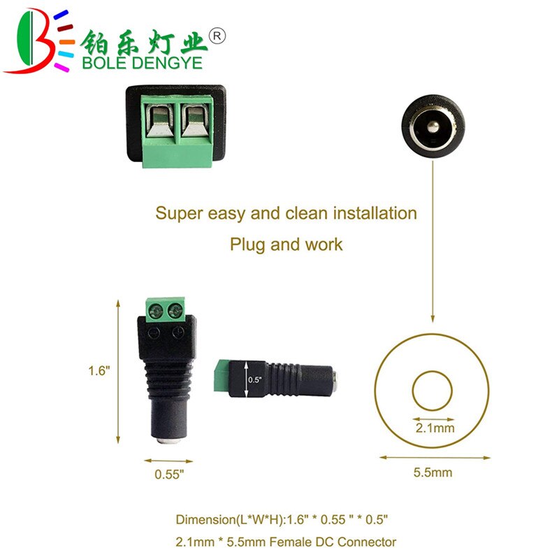 1 pcs DC Conector 5.5mm x 2.1mm Power Jack Feminino Masculino Plug Adapter Para 3528 5050 5630 Único cor LED Strip E Câmera de CCTV