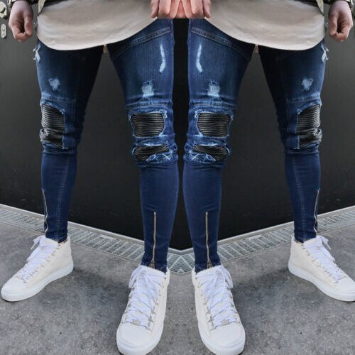 Gli uomini Alla Moda jeans Strappati, Pantaloni motociclista magro sottile Etero Pantaloni in denim Della Chiusura Lampo