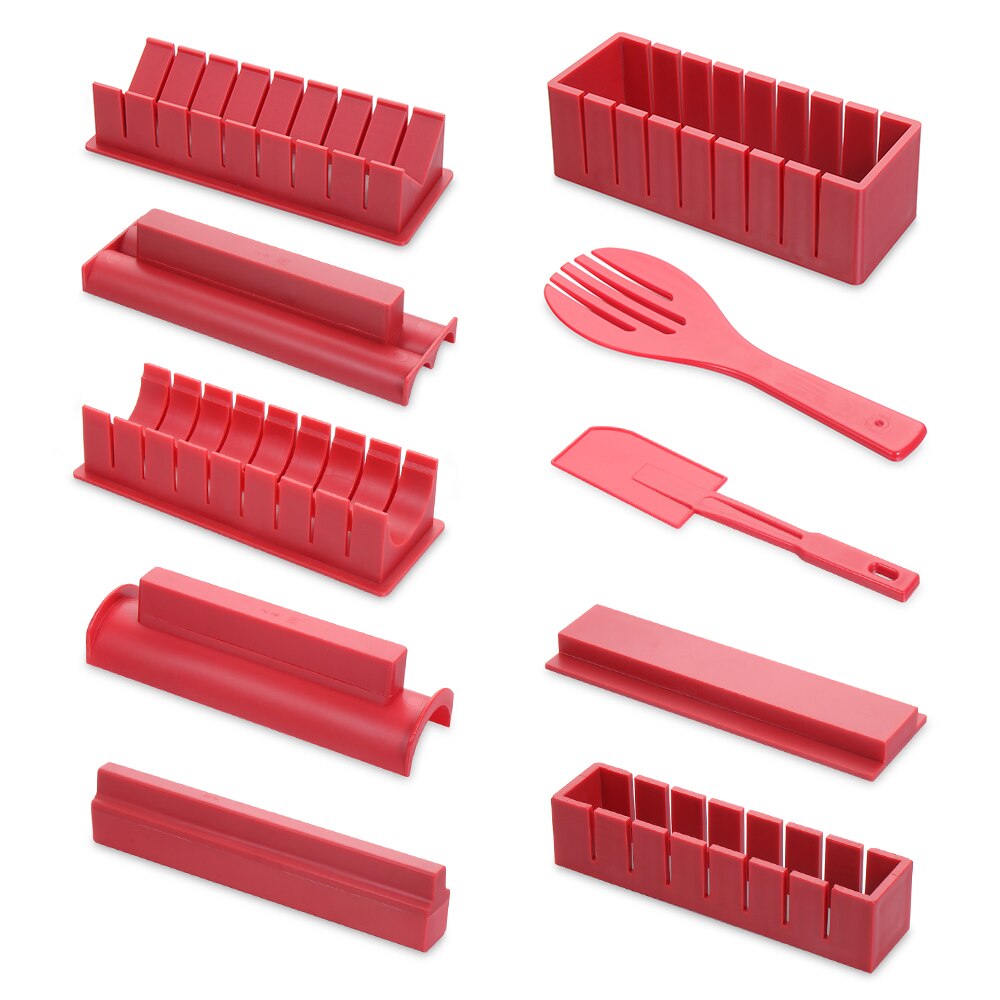 Kit de equipo para hacer Sushi, espátula, tenedor, Bola de arroz japonesa, rollo de pastel, molde para hacer Sushi, 3/10 Uds.: Red-10PCS