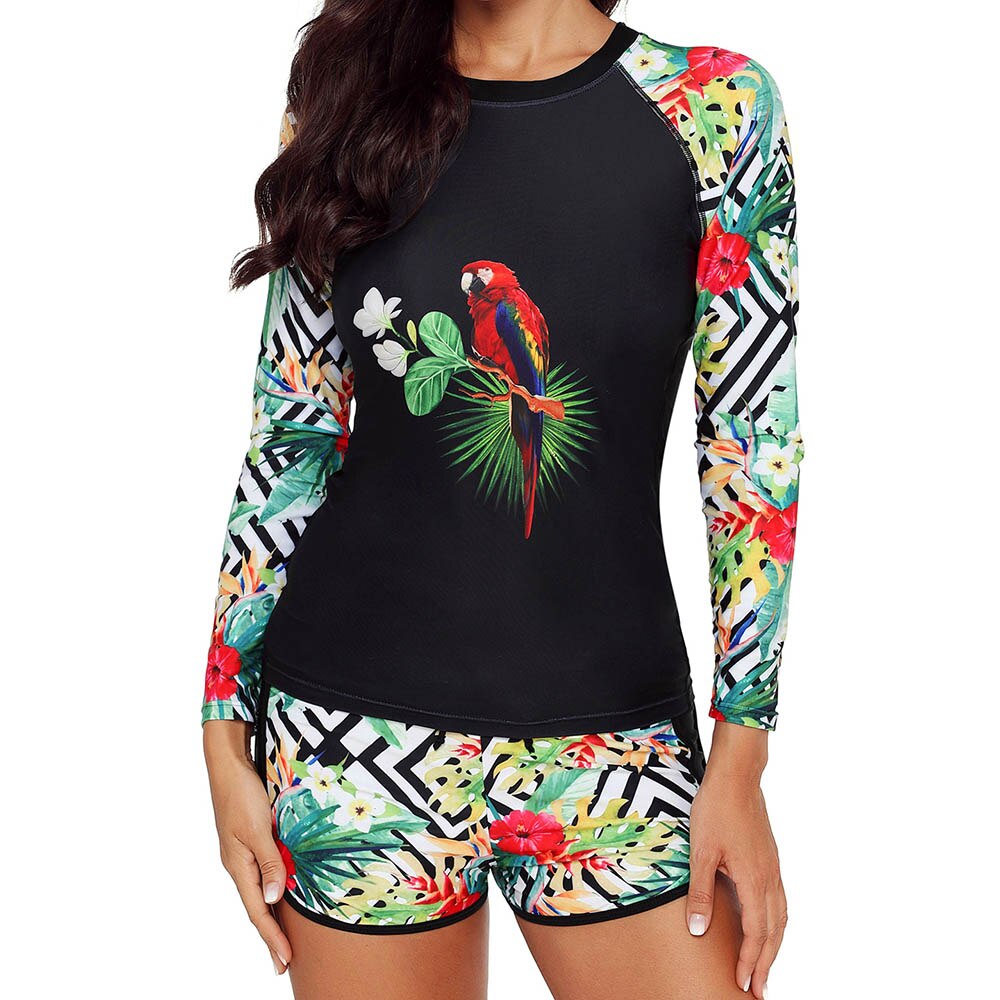 Plus Size Tweedelige Badpak Vrouwen Print Rash Guard S-3XL Badmode Lange Mouwen Surfen Pak Shorts Badpakken Pad Beachwear: LS910501 / Xxl