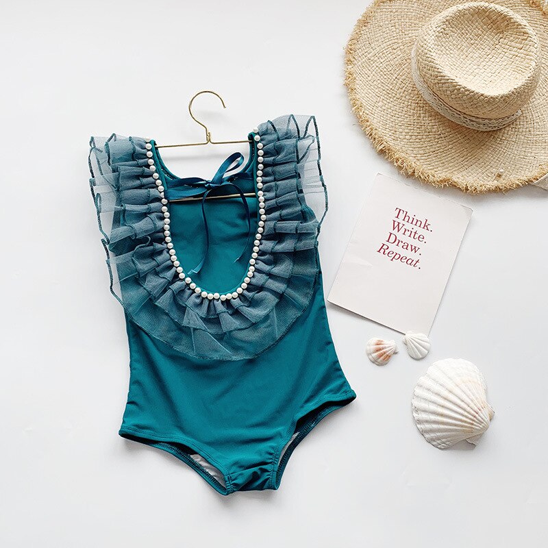 Baby piger badedragt flæse baby badetøj perle til piger børn piger bikini strand soldragt sommer småbørn badedragt: 12m