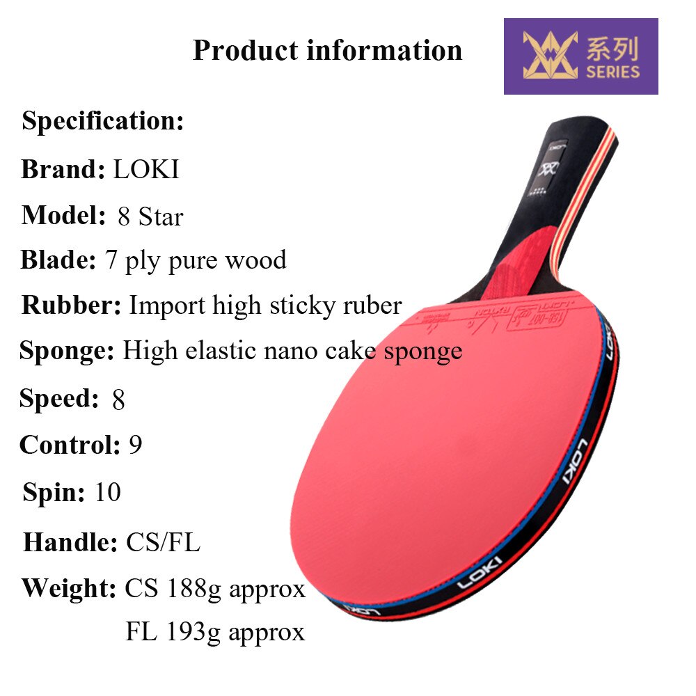 LOKI 8 Star High Sticky Table Tennis Racket PingPong Bat Competition Ping Pong Paddle for Ball Control and Loop