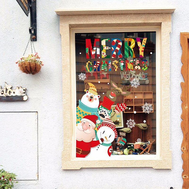Christmas Cartoon Window Glass Stickers Showcase Removable Santa Clause Snowman Decal Adhesive Year Glass Mural Home Decor: D