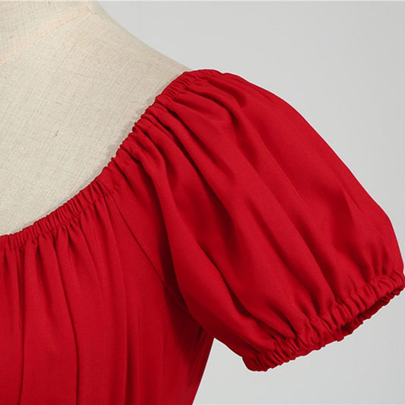 Women Vintage Dress Robe Party Casual Office Midi Dress Femme Summer Puff Sleeve Square Collar Solid Red