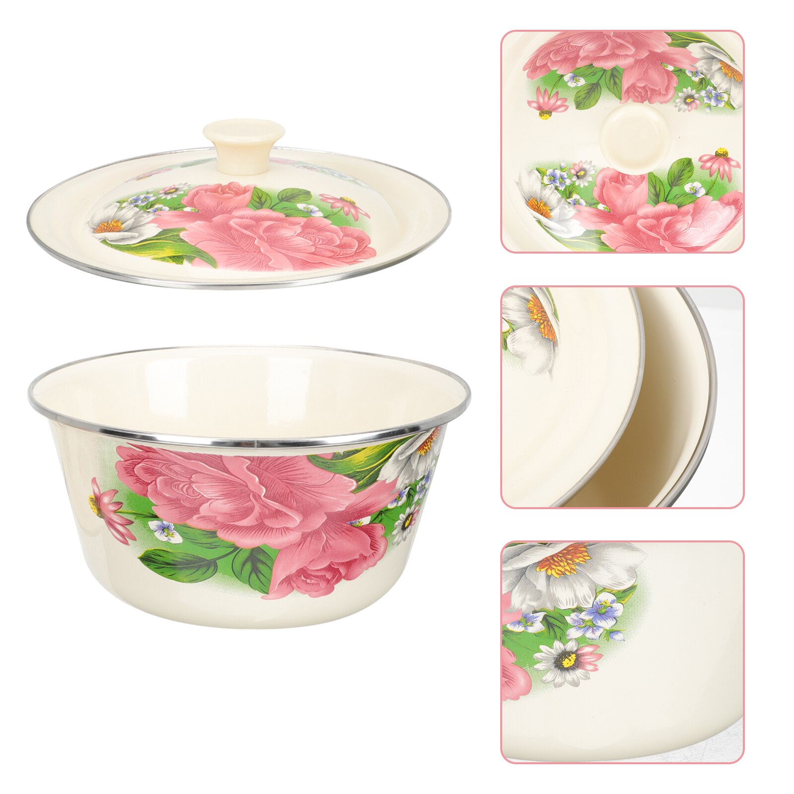 Multi-purpose Enamel Basin Retro Style Basin with Lid Kitchen Egg Mixing Bowl: Light Yellow