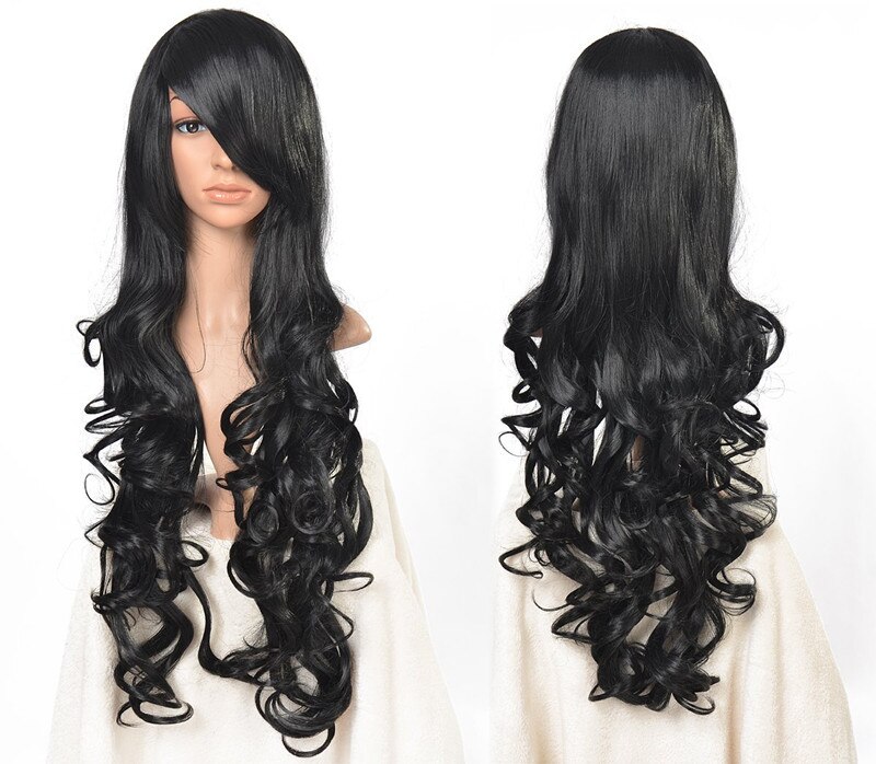 Peluca roja de Cosplay fei-show, largo sintético, rizado, para Halloween, para mujer, pelo azul, disfraz de carnaval, flequillo inclinado, postizo negro: Color negro natural