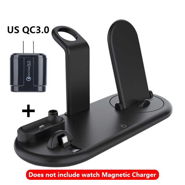 Chargeur sans fil 10w pour iPhone 11Pro XR XS MAX charge complète sans fil rapide 7 en 1 chargeur pour Apple Watch 5 4 3 pour Airpods: black and US