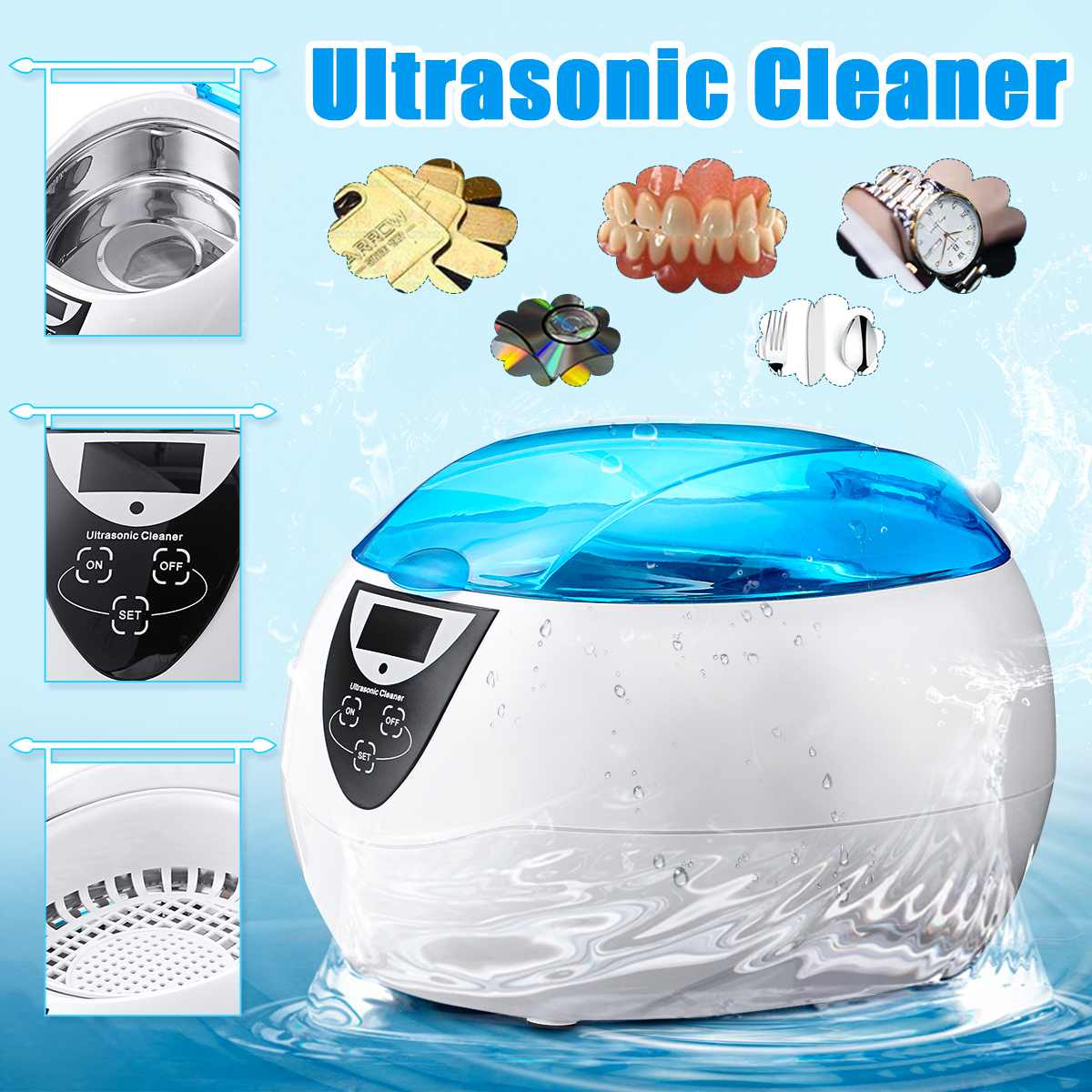 750ml Ultrasonic Cleaner Bath Timer for Jewelry Parts Glasses Manicure Stones Cutters Dental Razor Brush Ultrasound Sonic 50W