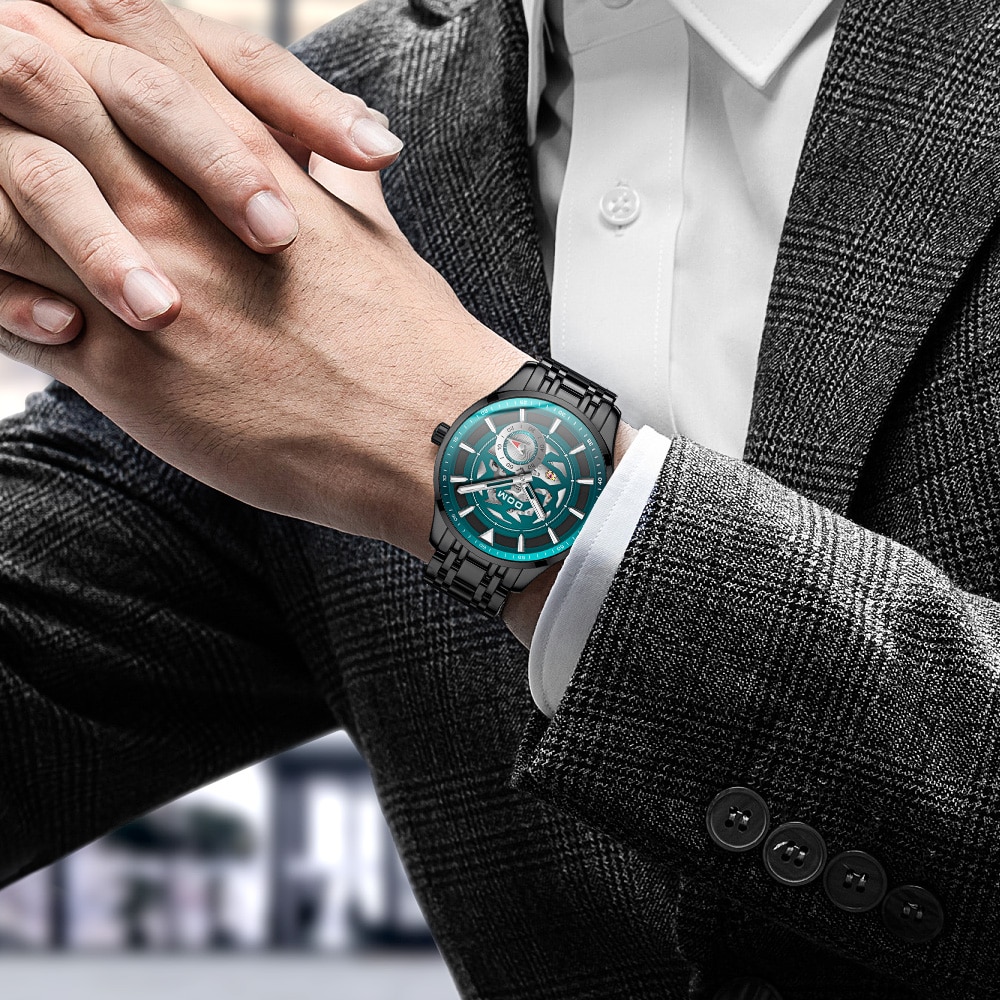 Dom luksus mekanisk armbåndsur herre sportsure relogio masculino rustfrit stål bånd blåt ur han vandtæt m -1308