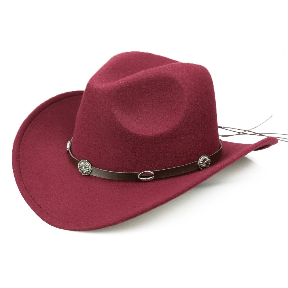 Uldfilt kvinder mænd vestlig cowboyhue med brede rand punk læder bælte jazz cap størrelse 57-58cm b88: 6