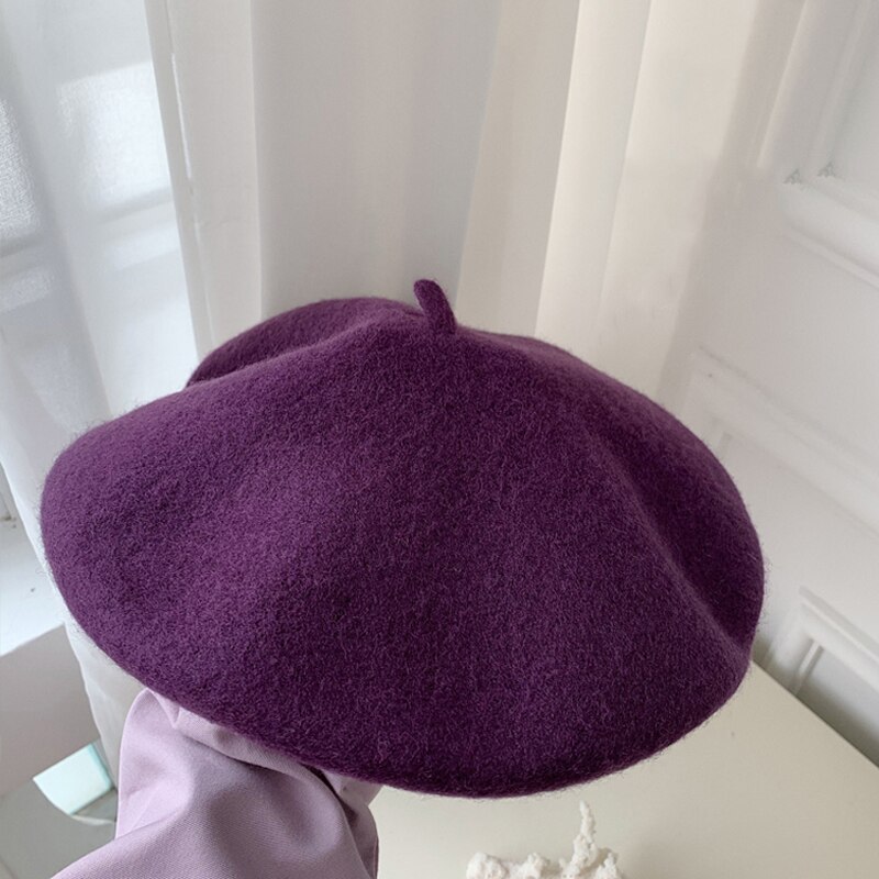 Luna & Dolphin-boina de lana para mujer, boina morada de seta de 90% de lana para otoño, gorro de artista púrpura de uva, gorro de pintor, gorro de invierno