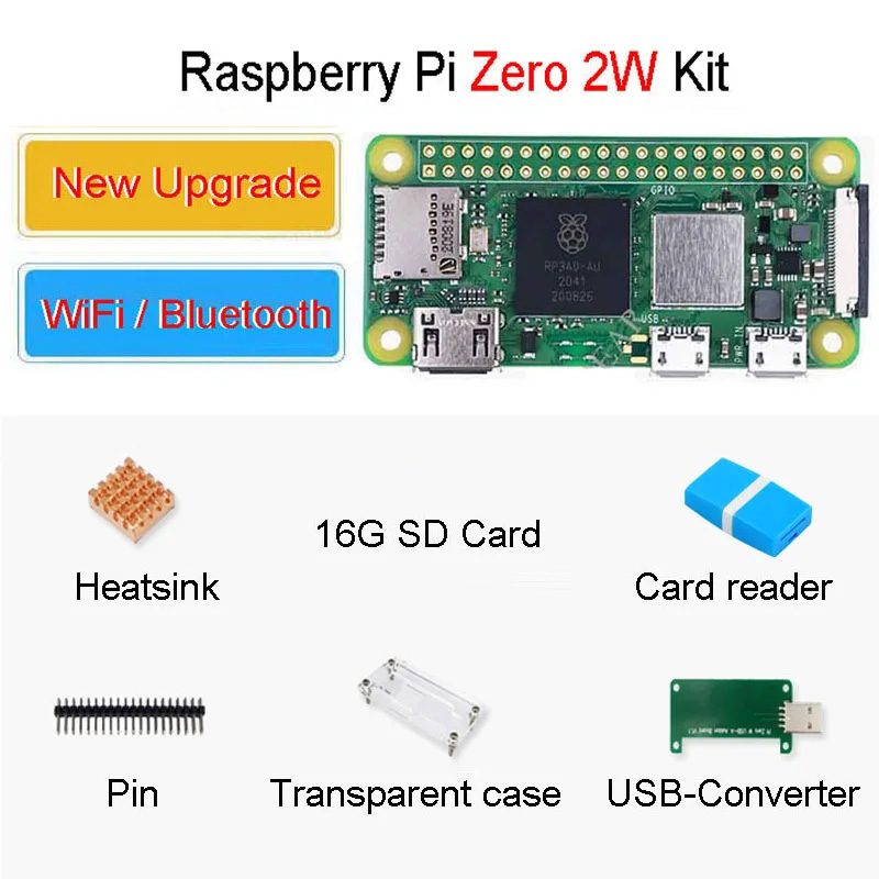 Carte de développement Raspberry Pi Zero 2 W, KIT RPI PI0 2W, dissipateur thermique, boîtier: Paquet 2