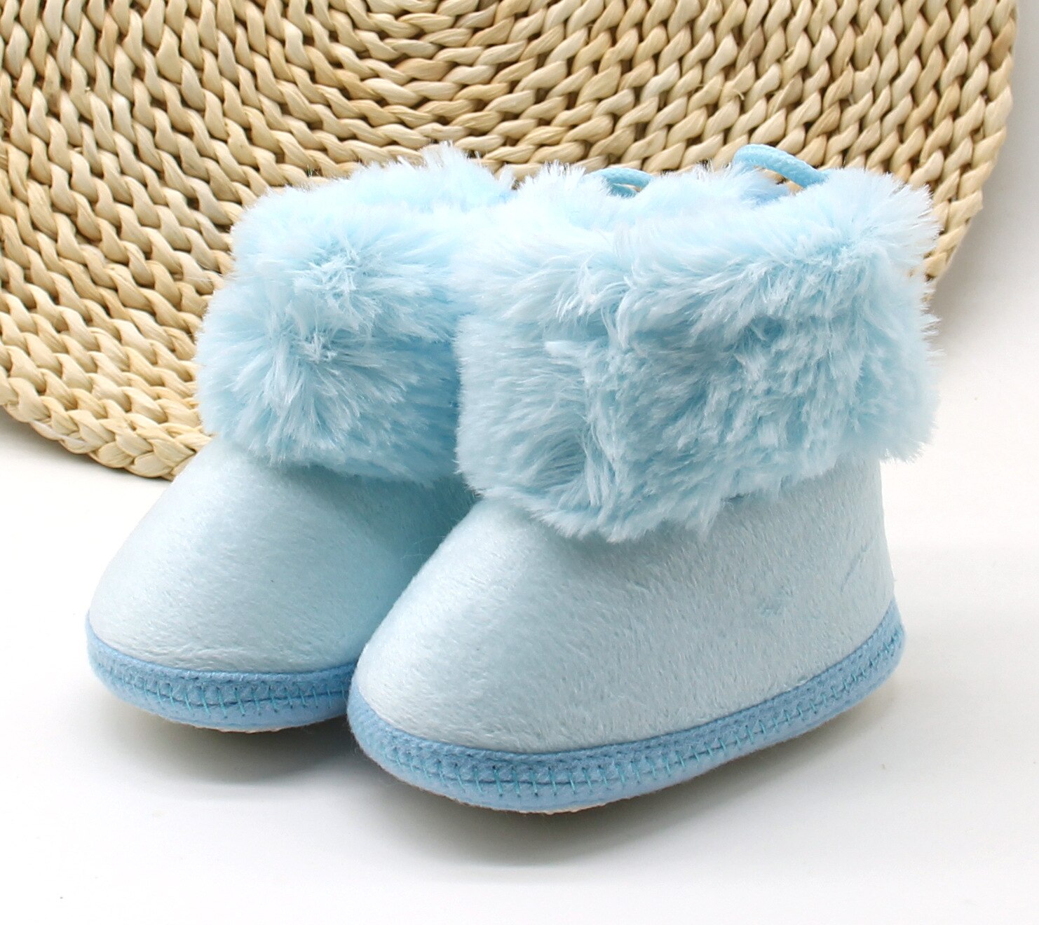 Infant Baby Thick Cotton Snow Boots Anti-Slip Sole Winter Warm Lace Up Sneakers Faux Fur Crib Flat Shoes Winter: Blue / 14cm