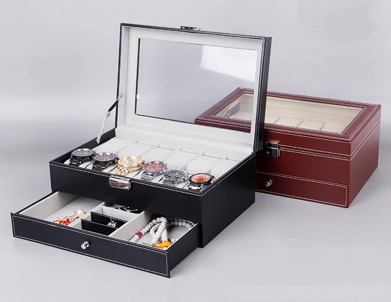 12 Grids luxury Black/Brown color leather men watch box with jewelry holder box